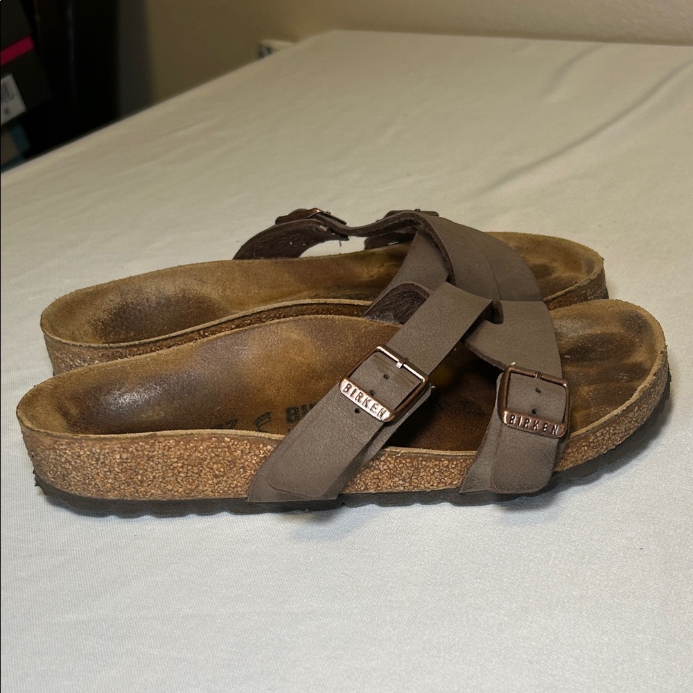 Birkenstock Tan/Brown Leather Straps Slip On Unisex Sandals Size 37 EU